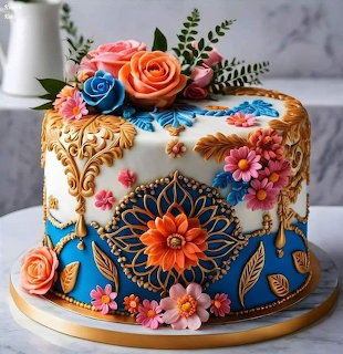 Ornate blue and gold cake decorated with pink, orange, and blue flowers