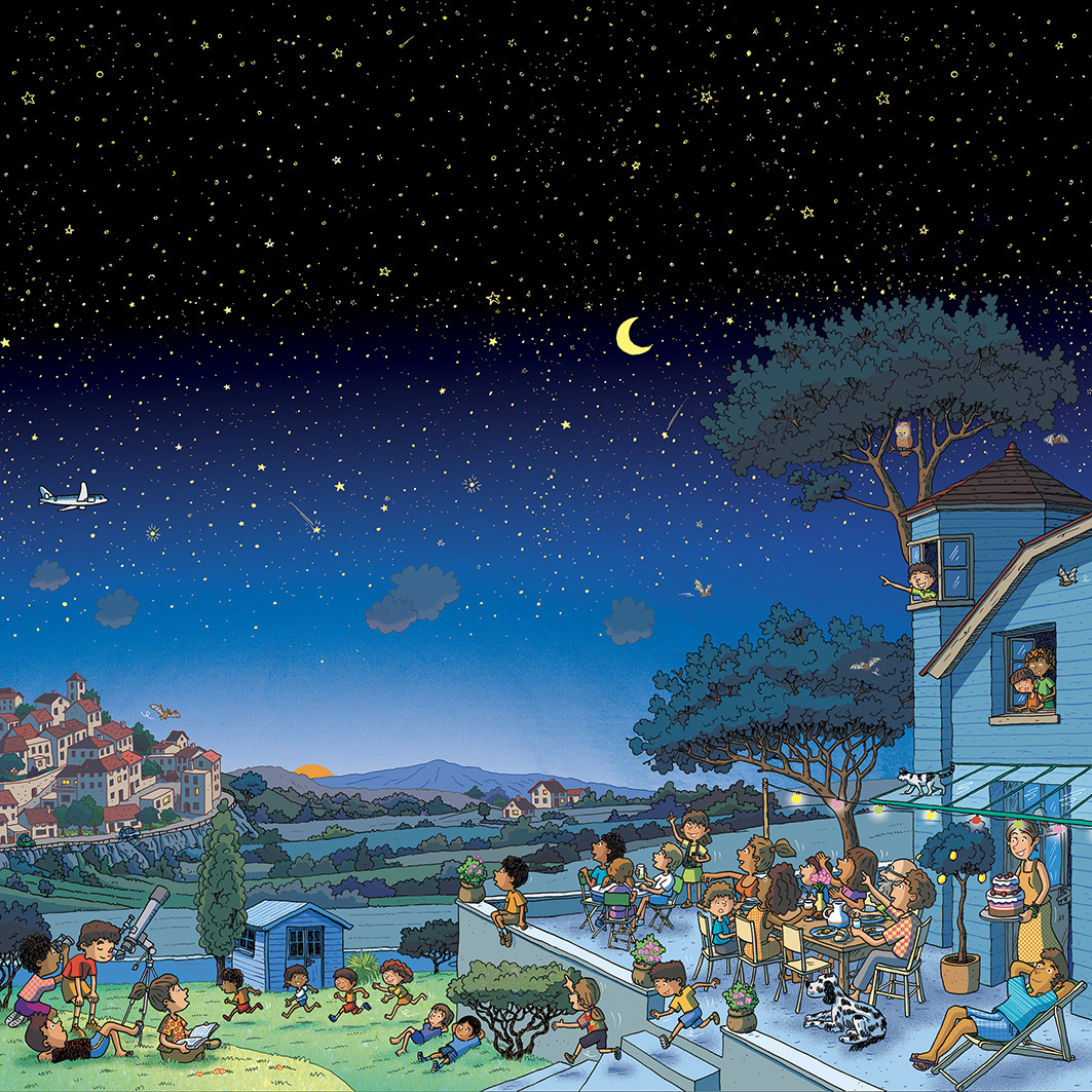 Colorful illustration of people gathered in a village at night under stars and crescent moon