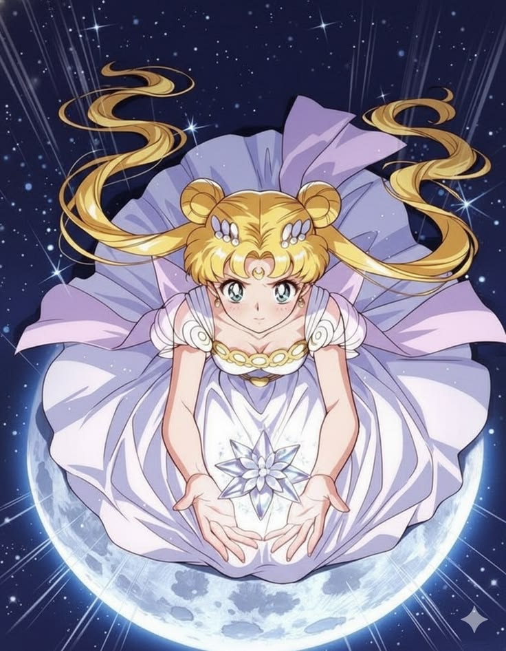 Queen Serenity in white dress with gold moon accessories against starry night sky