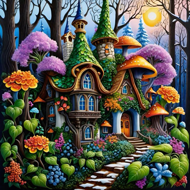 Colorful fantasy cottage with mushroom roofs in enchanted garden with flowers and trees