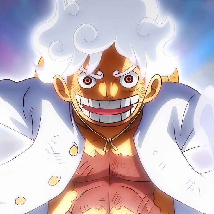 Anime character with wide grin, straw hat, white hair-like effect, blue and pink sky background