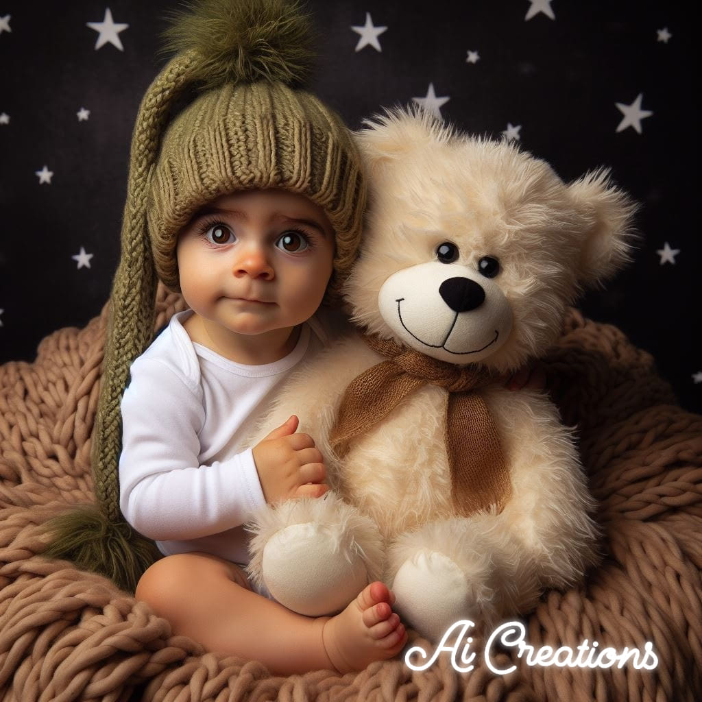 Baby in a knitted hat sitting beside a large teddy bear on a cozy blanket