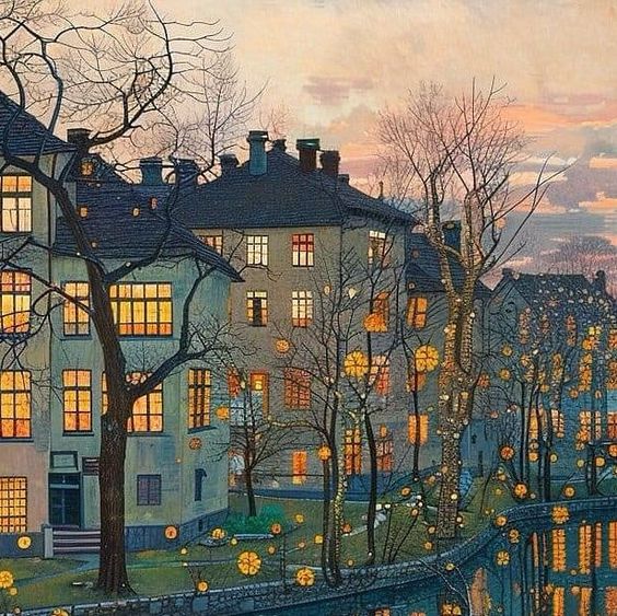 Abstract cityscape painting showing blue-gray buildings with illuminated windows at dusk, bare trees in foreground