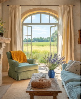 Sunny living room with arched window, mint green armchair, wooden coffee table, and lavender vase overlooking green field