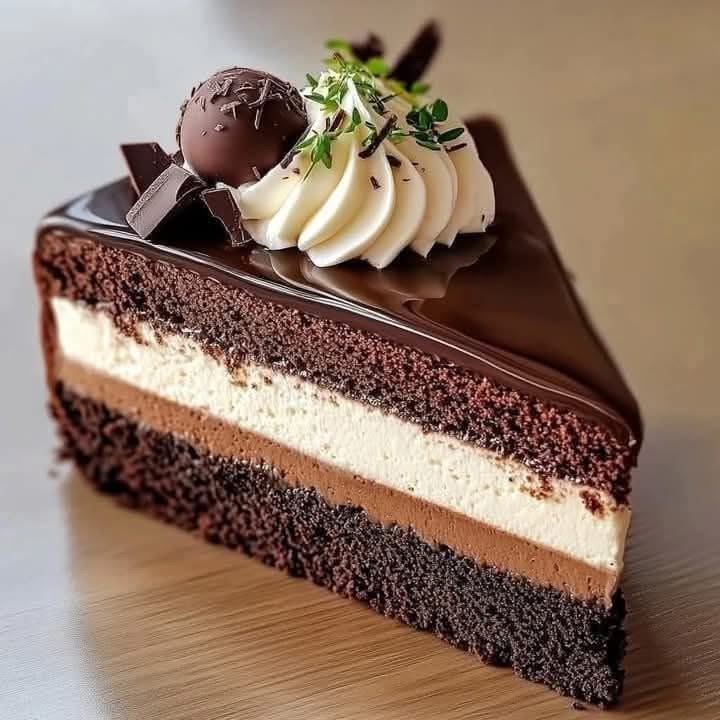 Triangular slice of layered chocolate cake with cream filling and chocolate decorations