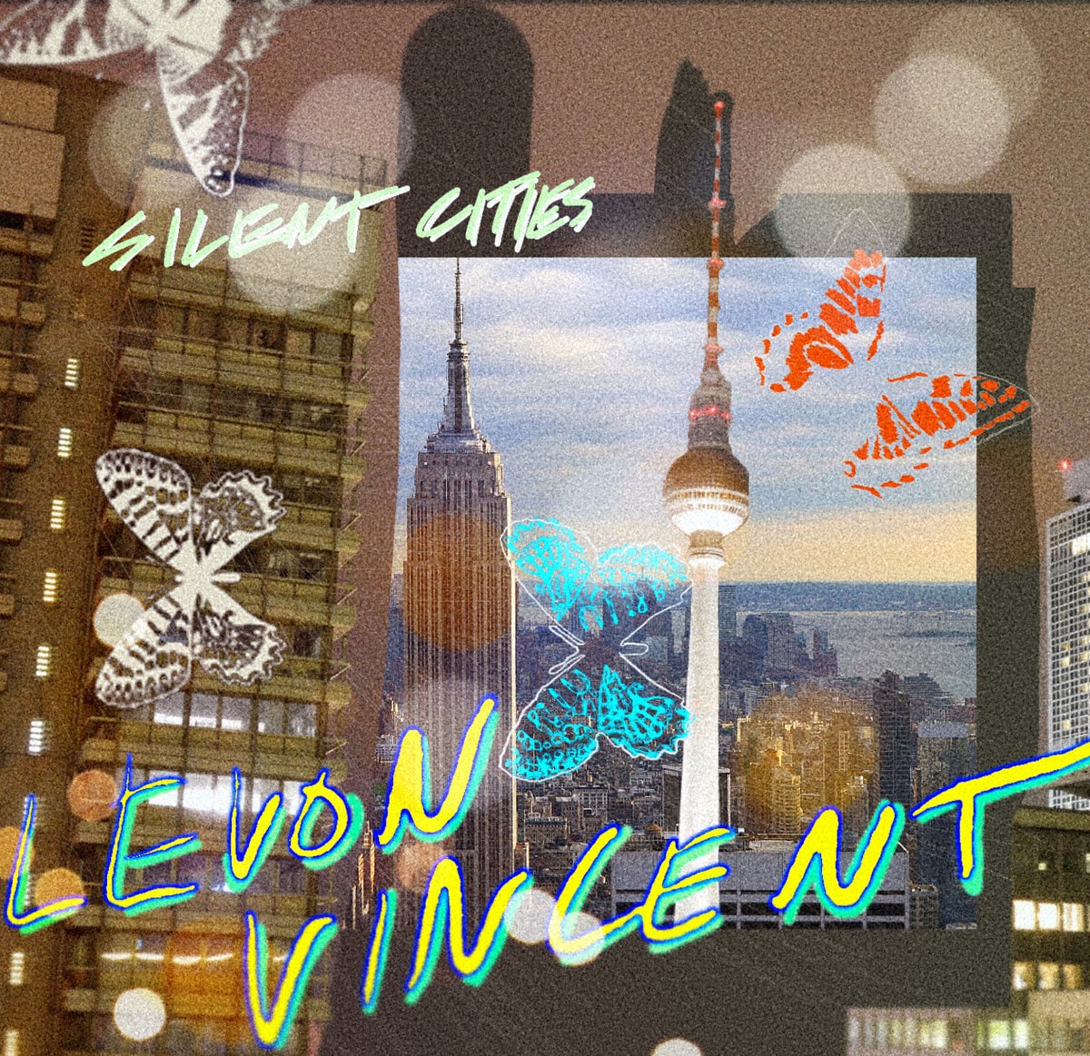 Collage of city towers with butterflies, leaves, and artistic text on vintage urban background