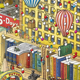 Whimsical illustrated city with giant books, hot air balloons, ladders, and tiny people