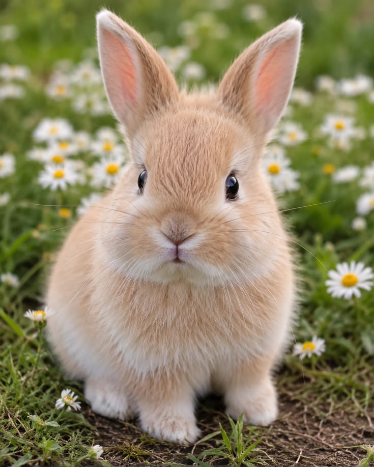 Fluffy tan baby bunny sitting in a field of white daisies and green grass