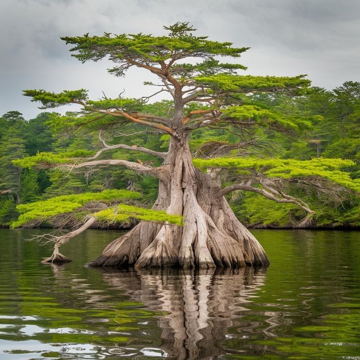 Large bald cypress tree with wide trunk base standing in still green water with reflection