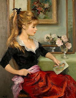 Oil painting of a young woman with blonde hair reading a letter beside a vase of pink roses