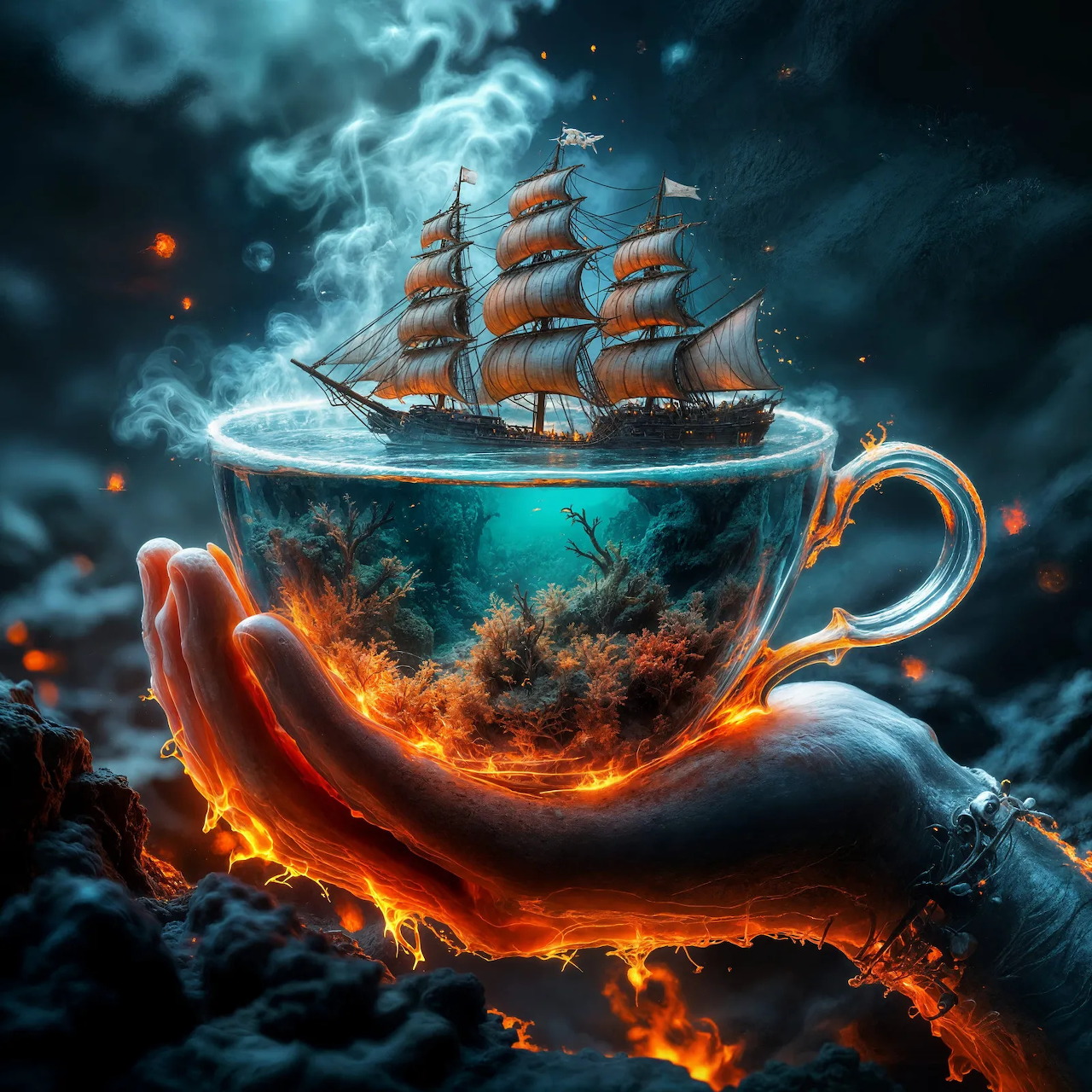 Hand holding glowing teacup containing miniature sailing ship on stormy ocean with fire and cosmic clouds