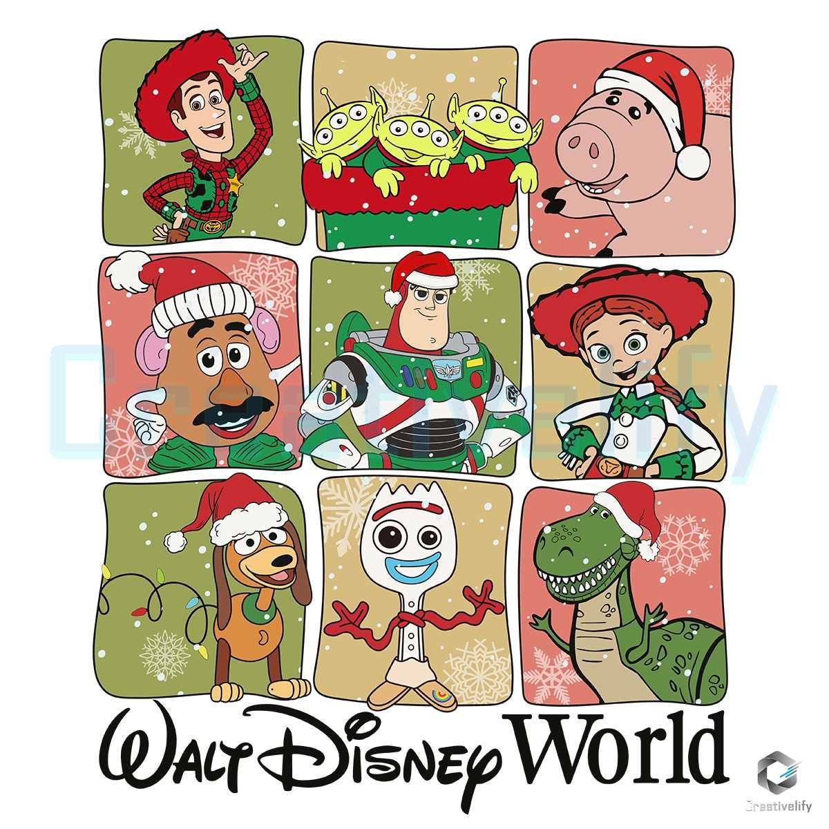 Nine Toy Story characters in Christmas hats arranged in a 3x3 grid with Walt Disney World logo below