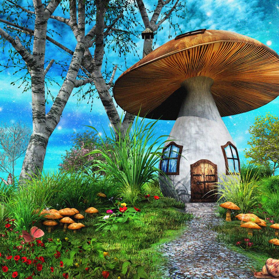 Fantasy illustration of a whimsical house shaped like a large mushroom with orange cap roof and gardens