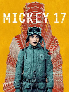 Mickey 17 movie poster with figure in teal uniform on orange geometric background