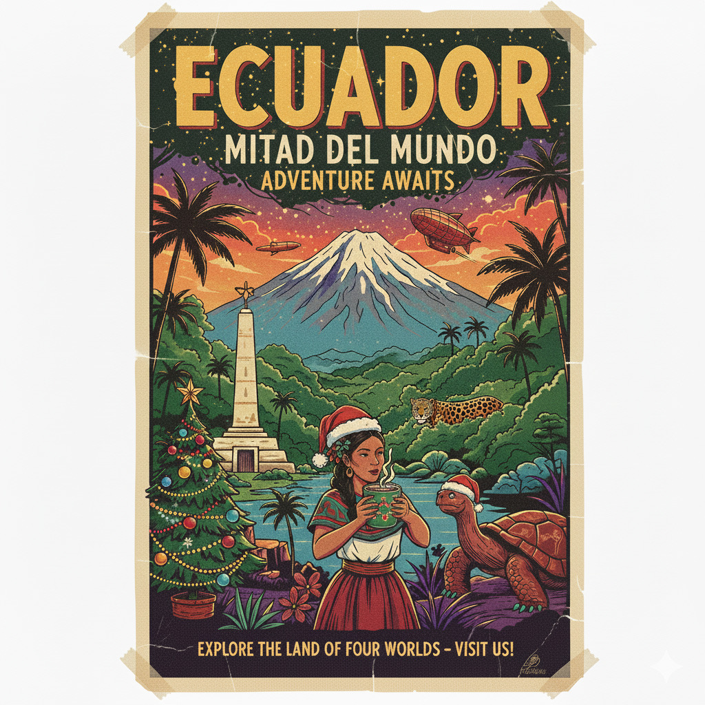 Vintage Ecuador travel poster with volcano, tropical scenery, and person in traditional dress