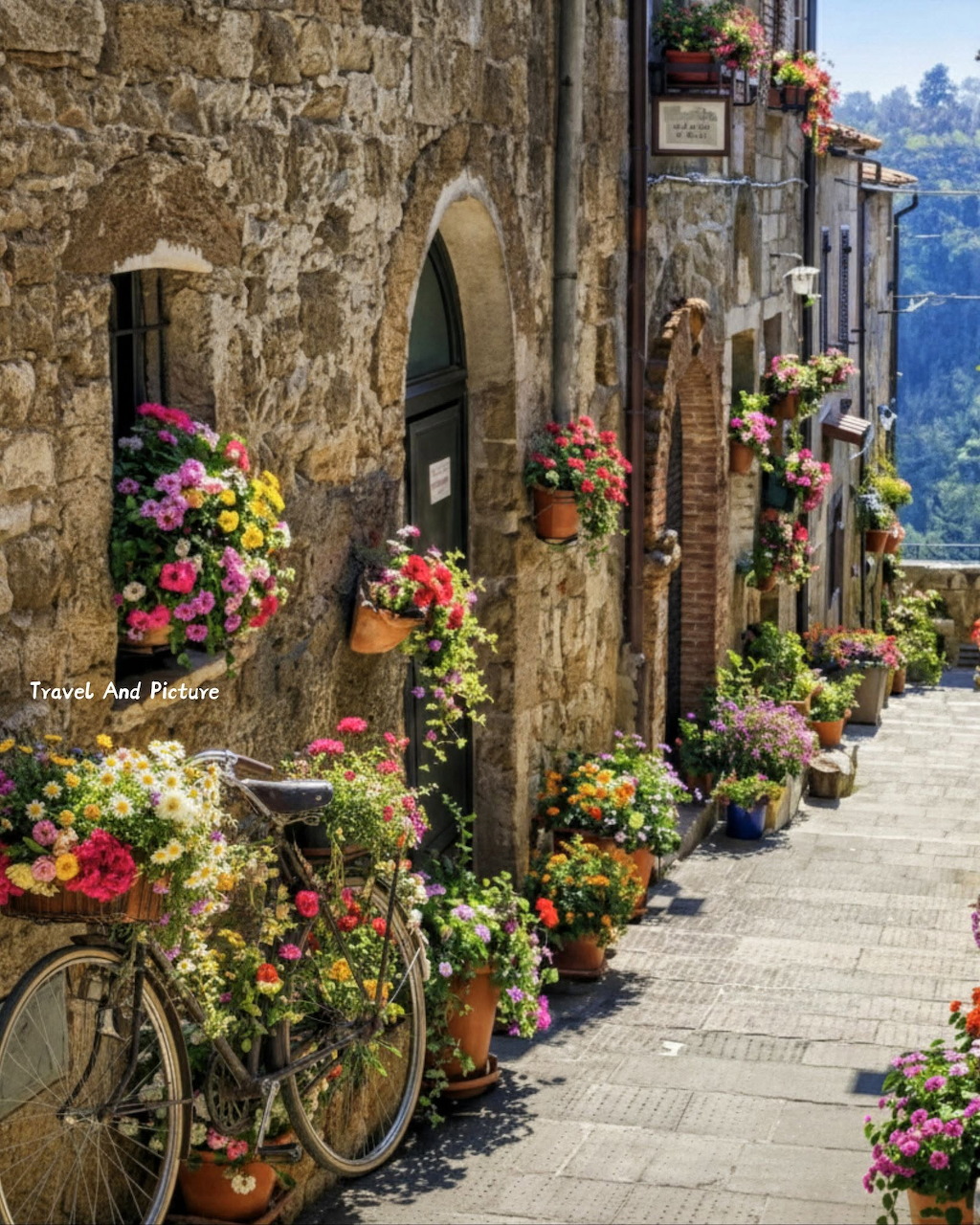 Stone village street with colorful flower pots and an old bicycle beside rustic buildings