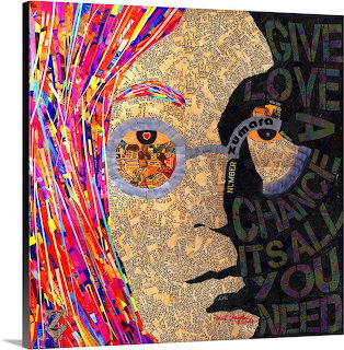 Colorful illustrated portrait of John Lennon in side profile with vivid hair and text across the face