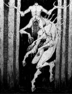 Dark ink drawing of a horned demonic creature with long limbs loming in a dark forest over a small cloaked figure