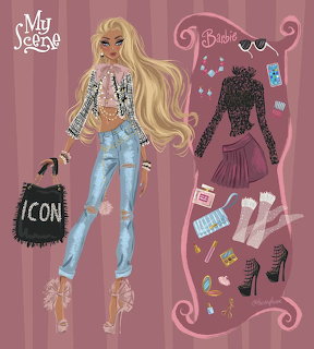 My Scene Barbie illustration with blonde doll in ripped jeans holding ICON bag and fashion accessories display