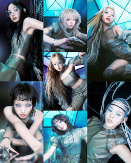 Collage of female kpop idols in futuristic silver outfits with blue cyberpunk lighting
