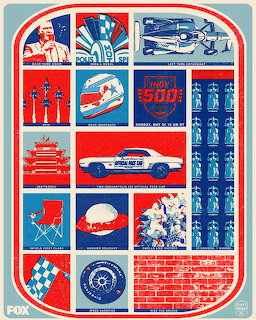 Vintage-style collage poster of Indianapolis 500 racing scenes with cars, drivers, and speedway imagery in patriotic colors
