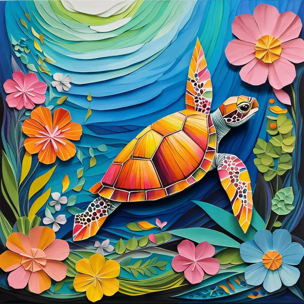 Paper art sea turtle with orange shell swimming in blue layered waves surrounded by colorful paper flowers