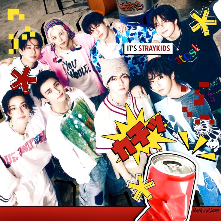 Eight young men in white and casual clothing posing together with colorful cartoon-style graphics overlaid
