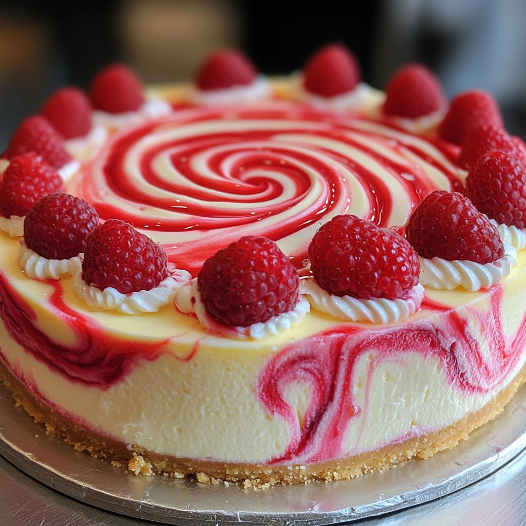 Lemon cheesecake with raspberry swirls and fresh raspberries on top