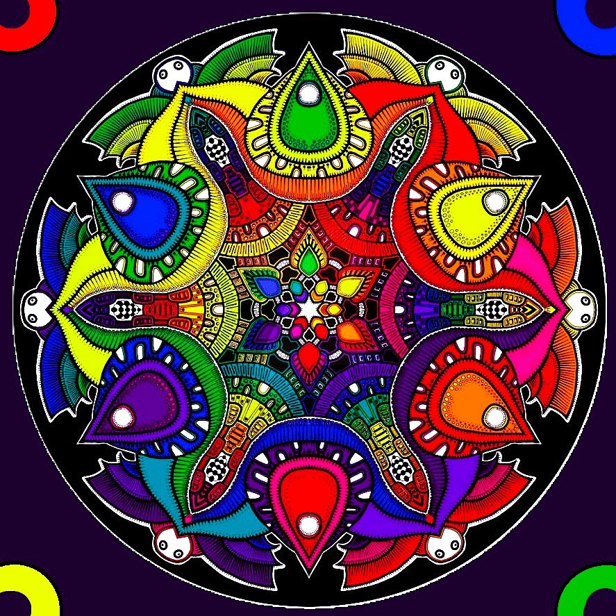 Colorful mandala with rainbow teardrop petals and geometric patterns radiating from center on purple background