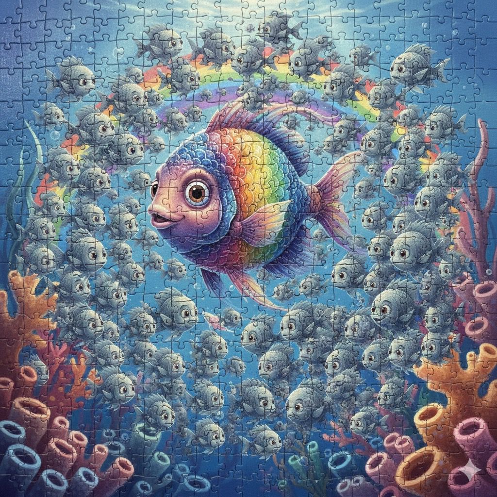 A large rainbow-colored fish surrounded by many small blue fish in an underwater coral scene