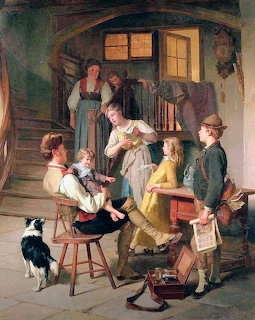 Classical painting of a family gathered indoors with children, adults, and a black and white dog in a rustic room