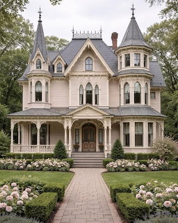 Pale pink Victorian house with turrets, porch, and symmetrical garden path