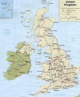 Map of the United Kingdom and Ireland with labeled cities, borders, and surrounding waters