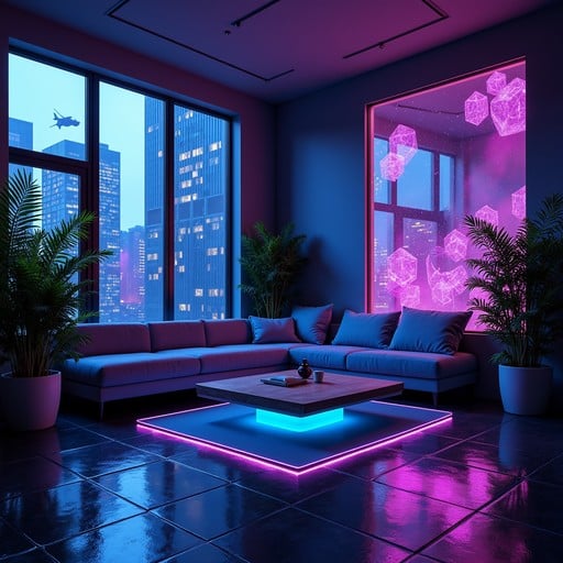 Neon-lit futuristic living room with sofa, glowing table, plants, and city skyline through large windows