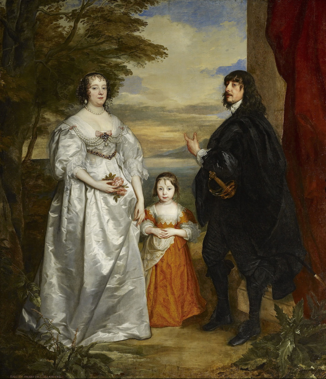 Baroque oil painting showing noble family: man in black, woman in white gown, child in orange dress, outdoor setting