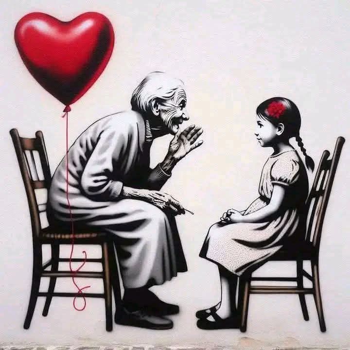 Banksy-style street art: elderly woman with red heart balloon facing young girl, both seated on black chairs
