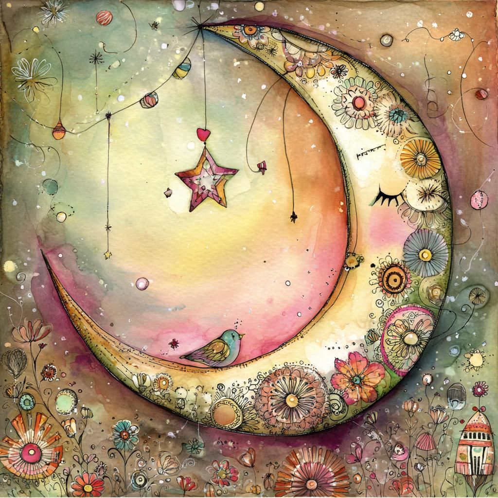 Watercolor crescent moon decorated with flowers and patterns, with hanging star and bird details