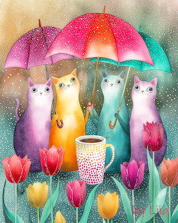 Four colorful cats holding umbrellas in rain with tulips and a mug