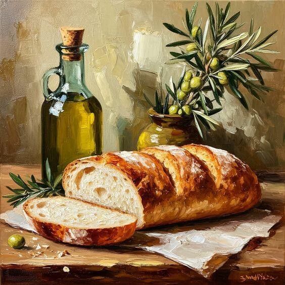 Still life painting of sliced bread, a glass bottle, and olives on a rustic table