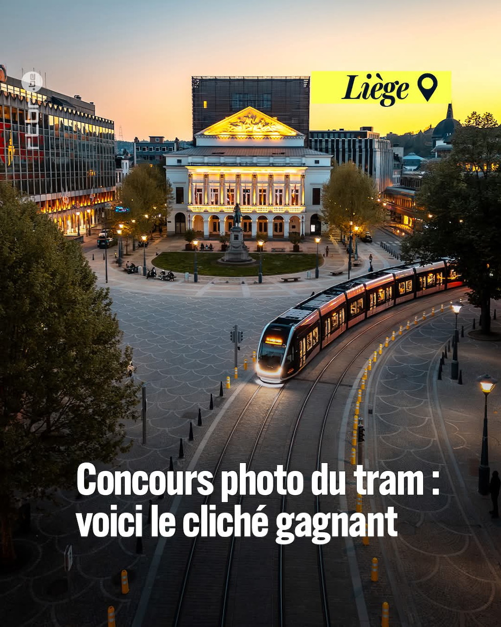 Modern tram running through a city square in Liège at dusk with an illuminated opera house behind