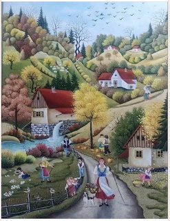 Naive folk art painting of a rural village with houses, watermill, hills, trees, and villagers on a path