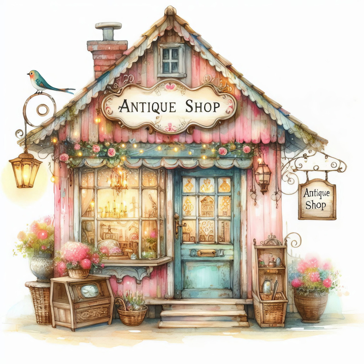 Whimsical watercolor illustration of a charming pink antique shop with glowing windows and flower decorations