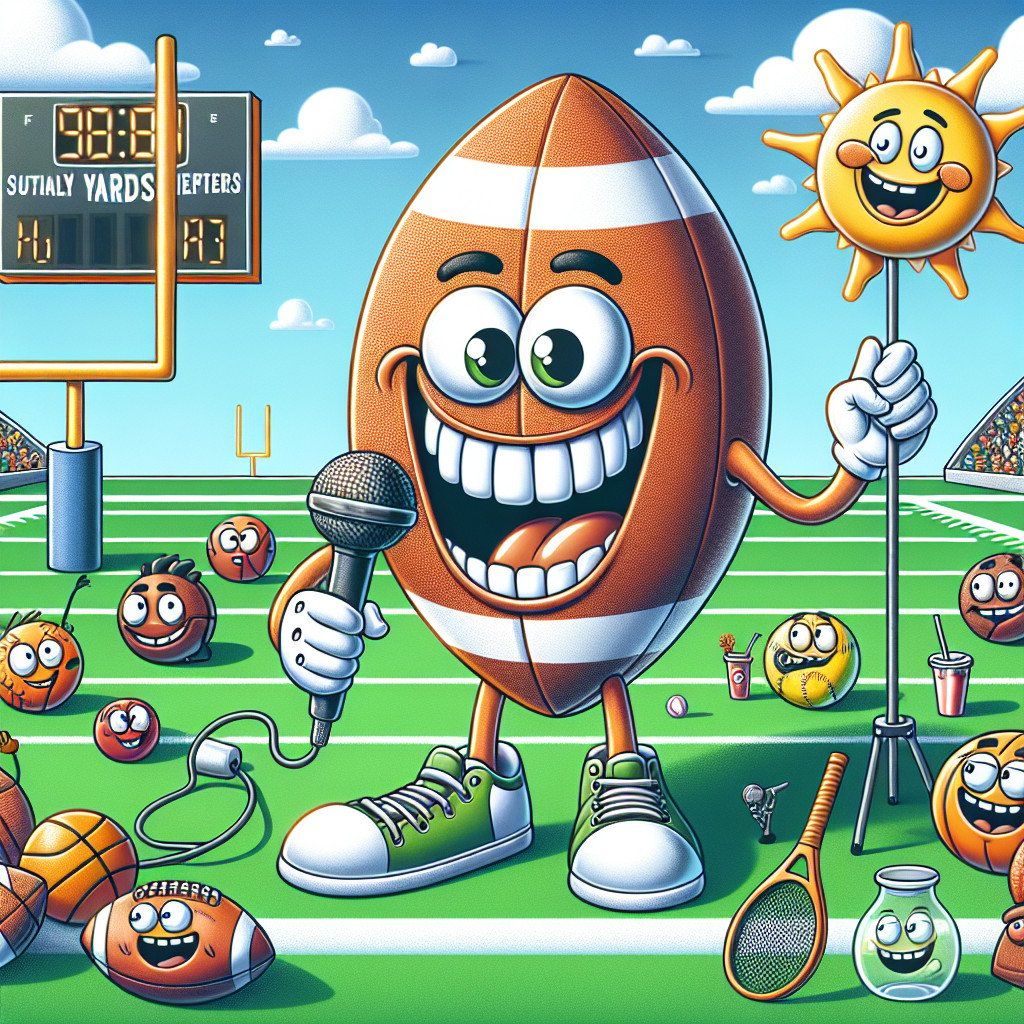 Smiling cartoon football holding a microphone on a sports field with a sunny sky and sports items