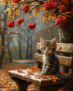 Taby kitten sitting on a wooden bench under a rowan tree with red berries in autumn rain