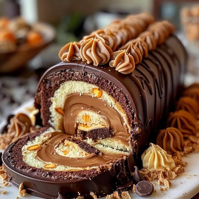 Sliced chocolate roll cake with layered caramel filling and decorative frosting swirls