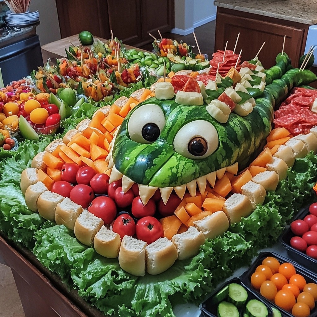 Crocodile-shaped fruit and vegetable platter made from watermelon, melon, tomatoes, cucumbers, and lettuce