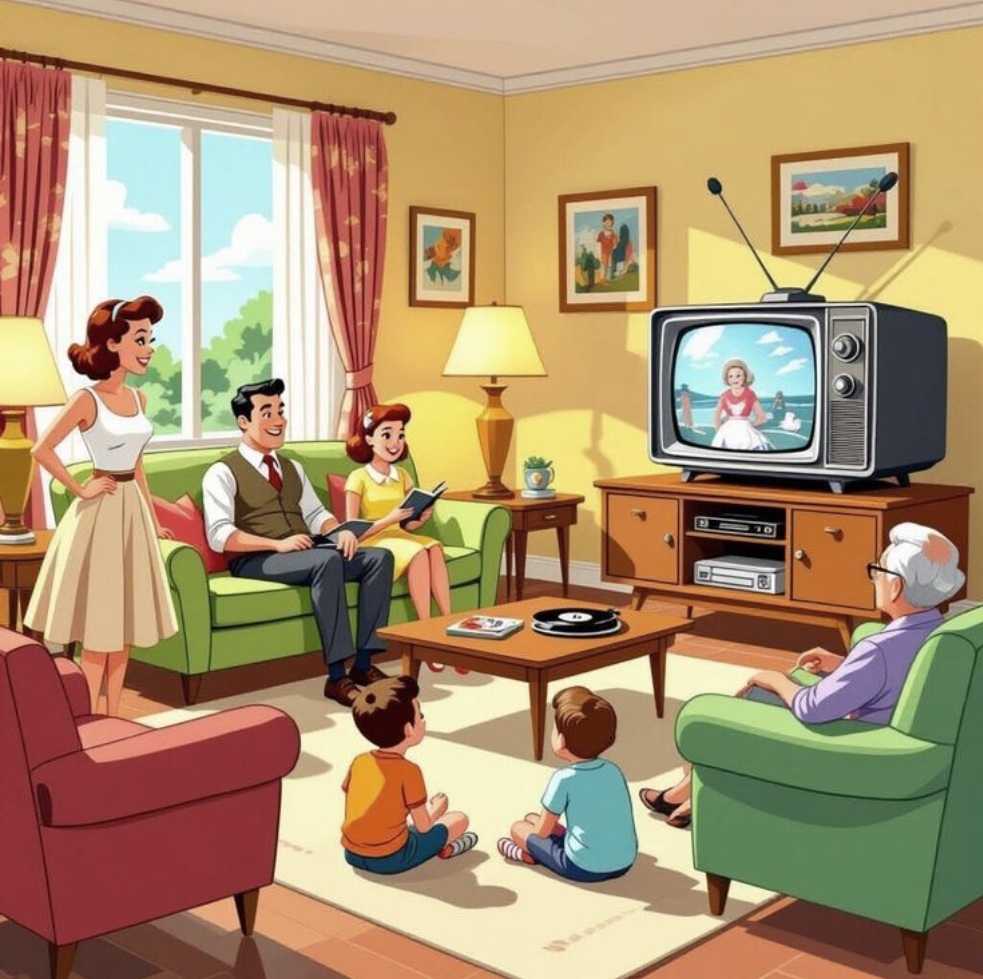 Cartoon family in a living room watching television together