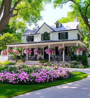 White house with wraparound porch and pink flower gardens in spring