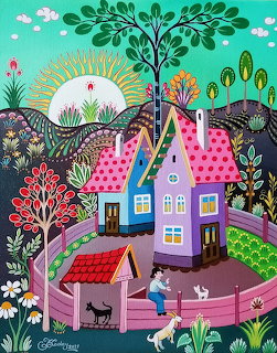 Two colorful cottages with pink fence in decorative garden with flowers, trees, and sun