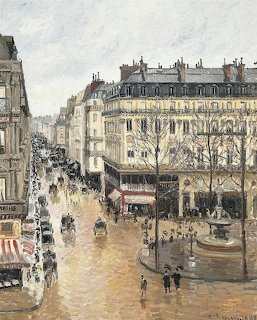 Impressionist city street painting with carriages, people, bare trees, and Paris buildings